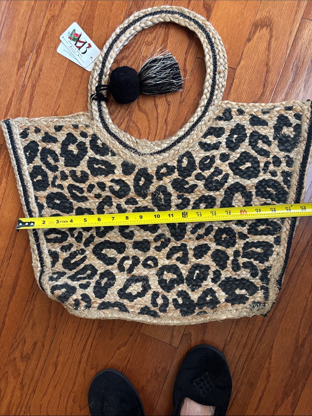 Leopard Print Jute Tote Bag - Black and Beige With Tassel - Picture 7 of 7